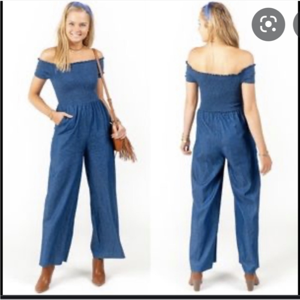 BLUE Rain Francescas chambray Ellison Romper size XXS Ruched Off Shoulder rodeo